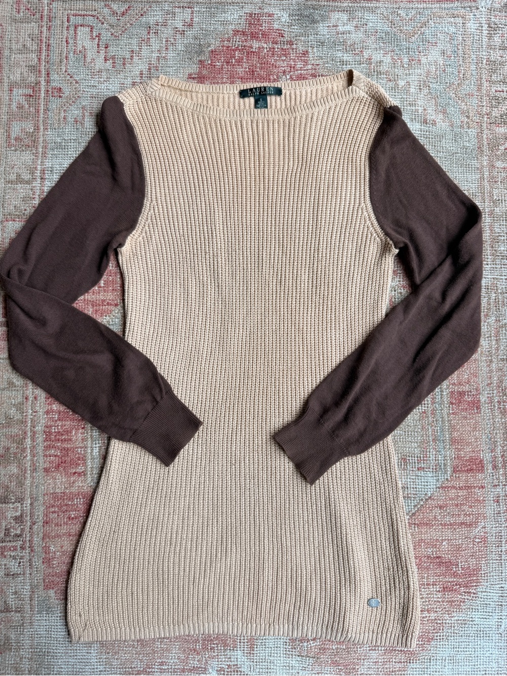 Ralph Lauren Contrast-Sleeve Ribbed Sweater - Beige & Brown